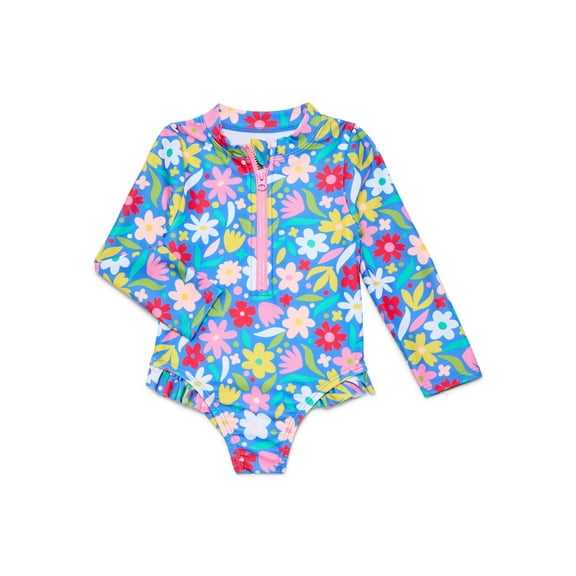 Wonder Nation Toddler Girl Long- Sleeve Zip Rash Guard Swimsuit, Sizes 12M-5T