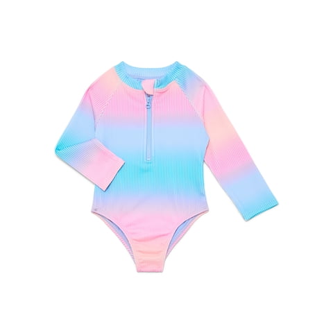 Wonder Nation Toddler Girl Long- Sleeve Zip One- Piece Swimsuit, Sizes 12M-5T