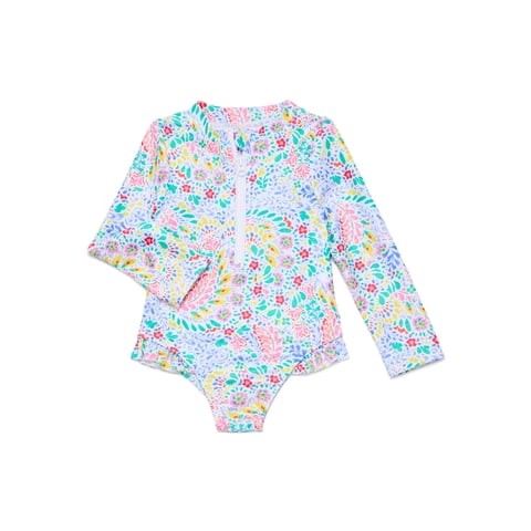 Wonder Nation Toddler Girl Long- Sleeve Zip Rash Guard Swimsuit, Sizes 12M-5T