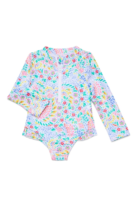 Toddler Girl Long- Sleeve Zip Rash Guard Swimsuit, Sizes 12M-5T