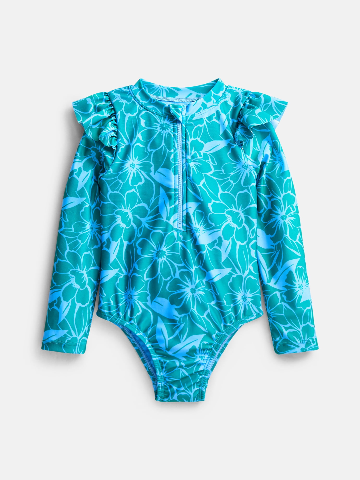 Wonder Nation Baby and Toddler Girls Zip Rash Guard Swimsuit with Long Sleeves, Sizes 12M-5T