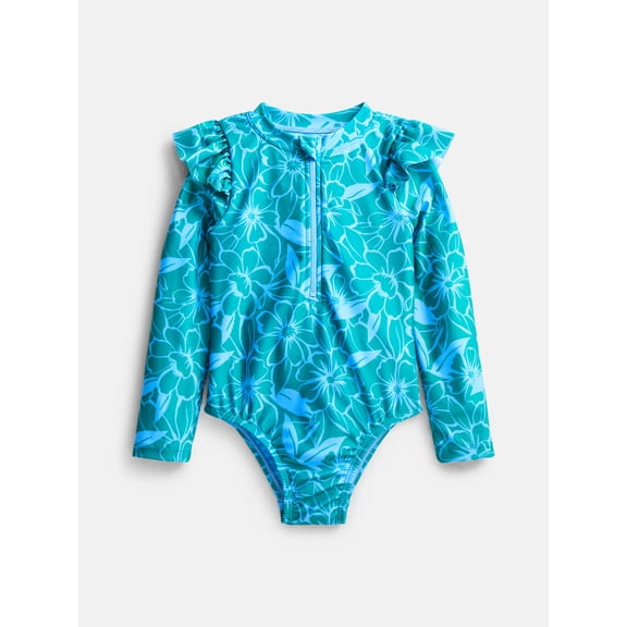 Wonder Nation Baby and Toddler Girls Zip Rash Guard Swimsuit with Long Sleeves, Sizes 12M-5T