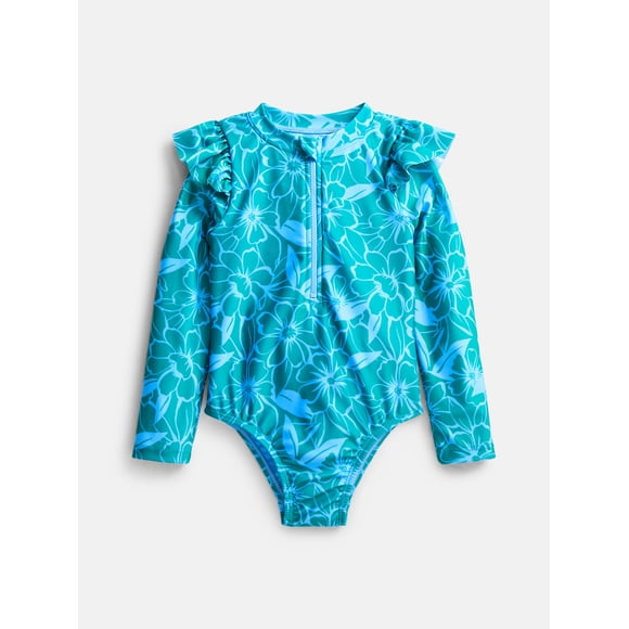 Wonder Nation Baby and Toddler Girls Zip Rash Guard Swimsuit with Long Sleeves, Sizes 12M-5T