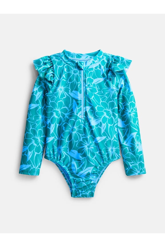 Baby and Toddler Girls Zip Rash Guard Swimsuit with Long Sleeves, Sizes 12M-5T