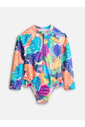 Baby and Toddler Girls Zip Rash Guard Swimsuit with Long Sleeves, Sizes 12M-5T