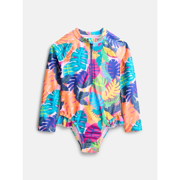 Wonder Nation Baby and Toddler Girls Zip Rash Guard Swimsuit with Long Sleeves, Sizes 12M-5T