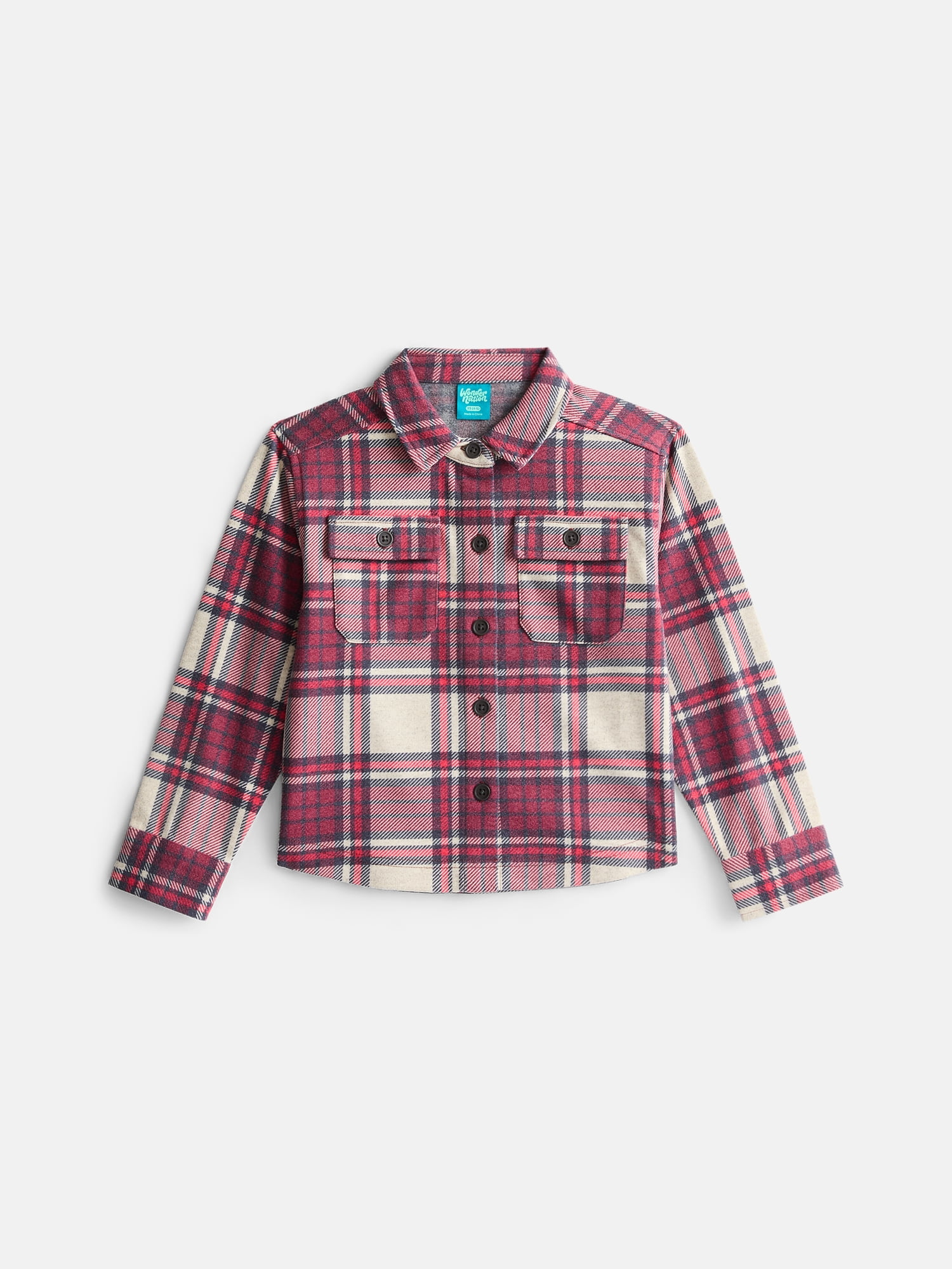 Wonder Nation Boys' Brushed Flannel Shacket with Long Sleeves, Sizes 4-18 & Husky