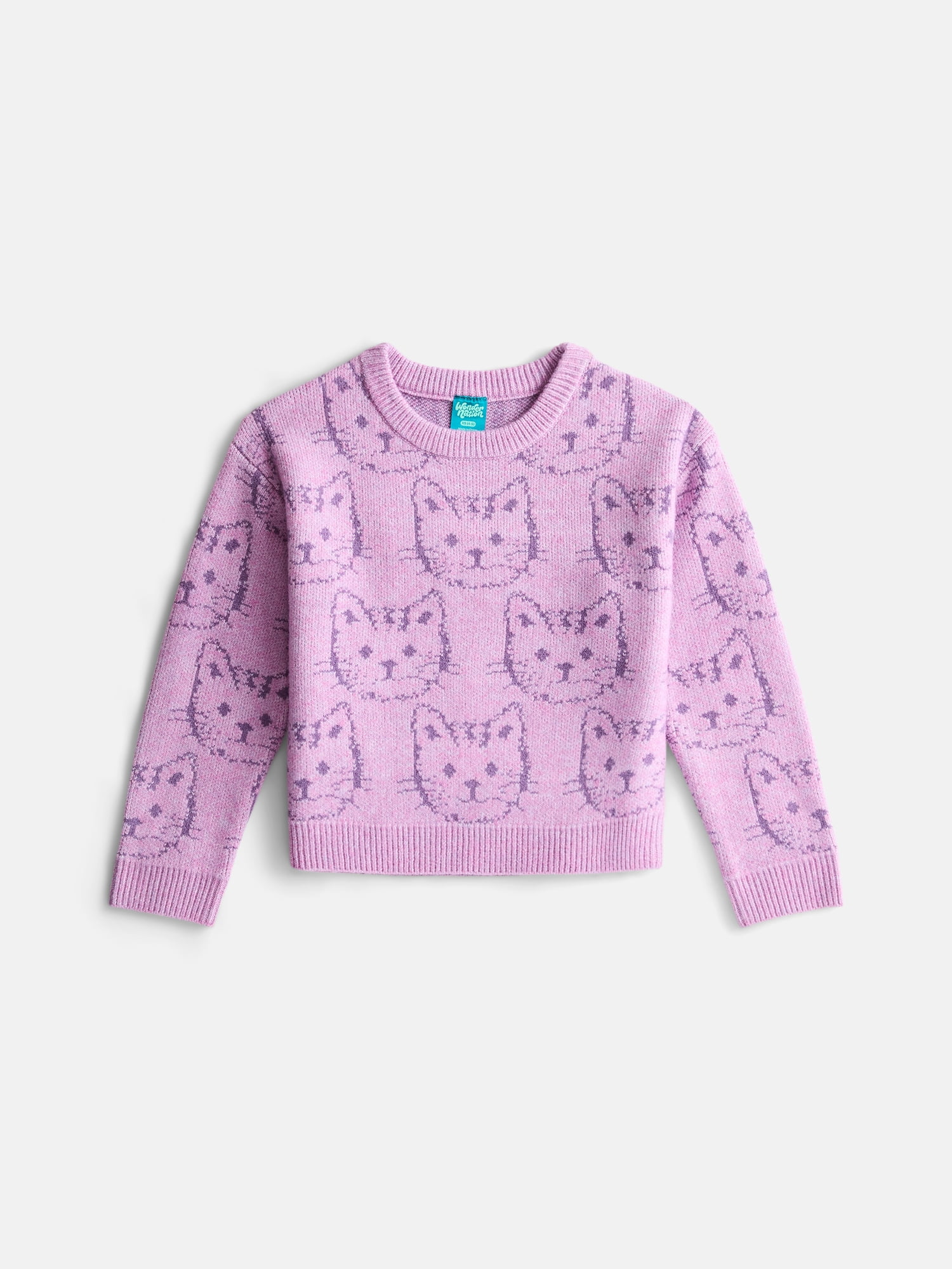 Wonder Nation Girls' Critter Print Sweater with Long Sleeves, Sizes 4-18 & Plus