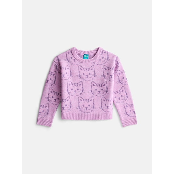 Wonder Nation Girls' Critter Print Sweater with Long Sleeves, Sizes 4-18 & Plus