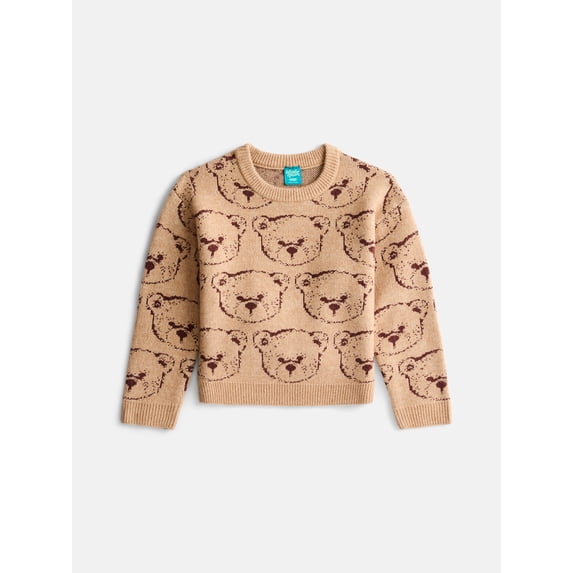 Wonder Nation Girls' Critter Print Sweater with Long Sleeves, Sizes 4-18 & Plus