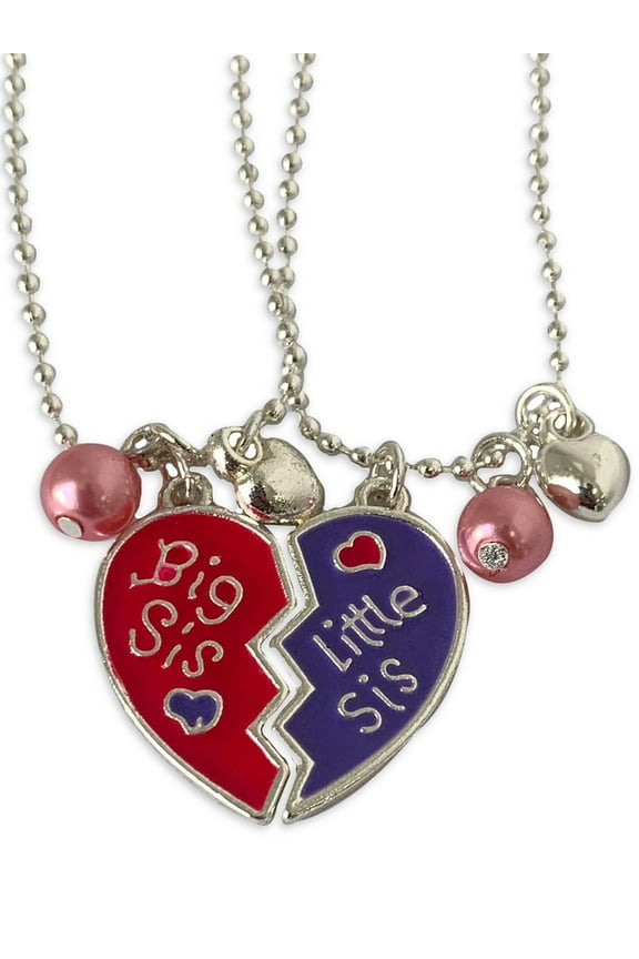 Big Sis Little Sis Fashion Necklace, 16'',Colorful Heart Charms, Red/Purple, Unisex