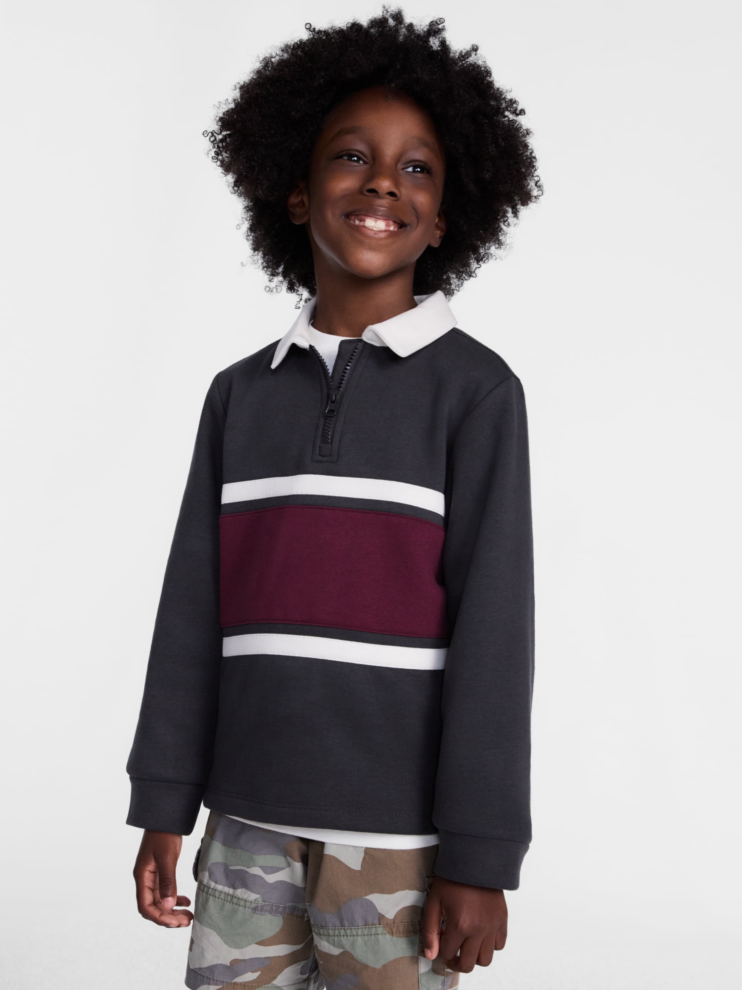 Wonder Nation Boys' Quarter Zip Rugby Fleece Pullover, Sizes 4-18 & Husky