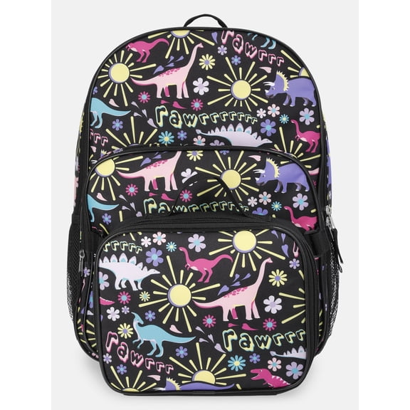 Wonder Nation Girls 17" Fossil Gardens Dinosaur Backpack & Lunch Set, Black