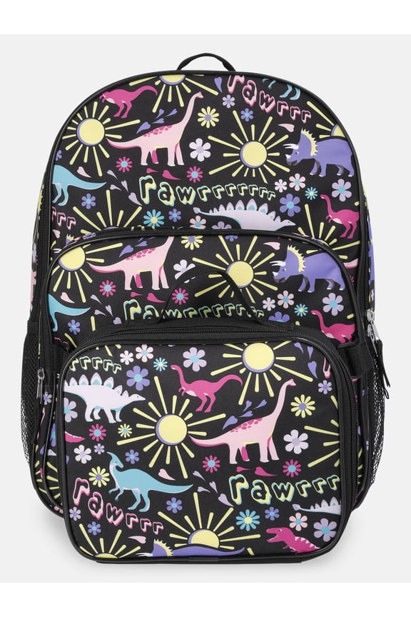Girls 17" Fossil Gardens Dinosaur Backpack & Lunch Set, Black