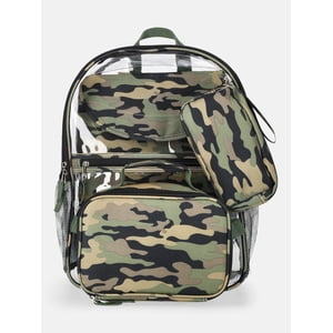Mochila transparente camuflada para niños de 17", con lonchera, funda para laptop y bolsita, set de 4 piezas