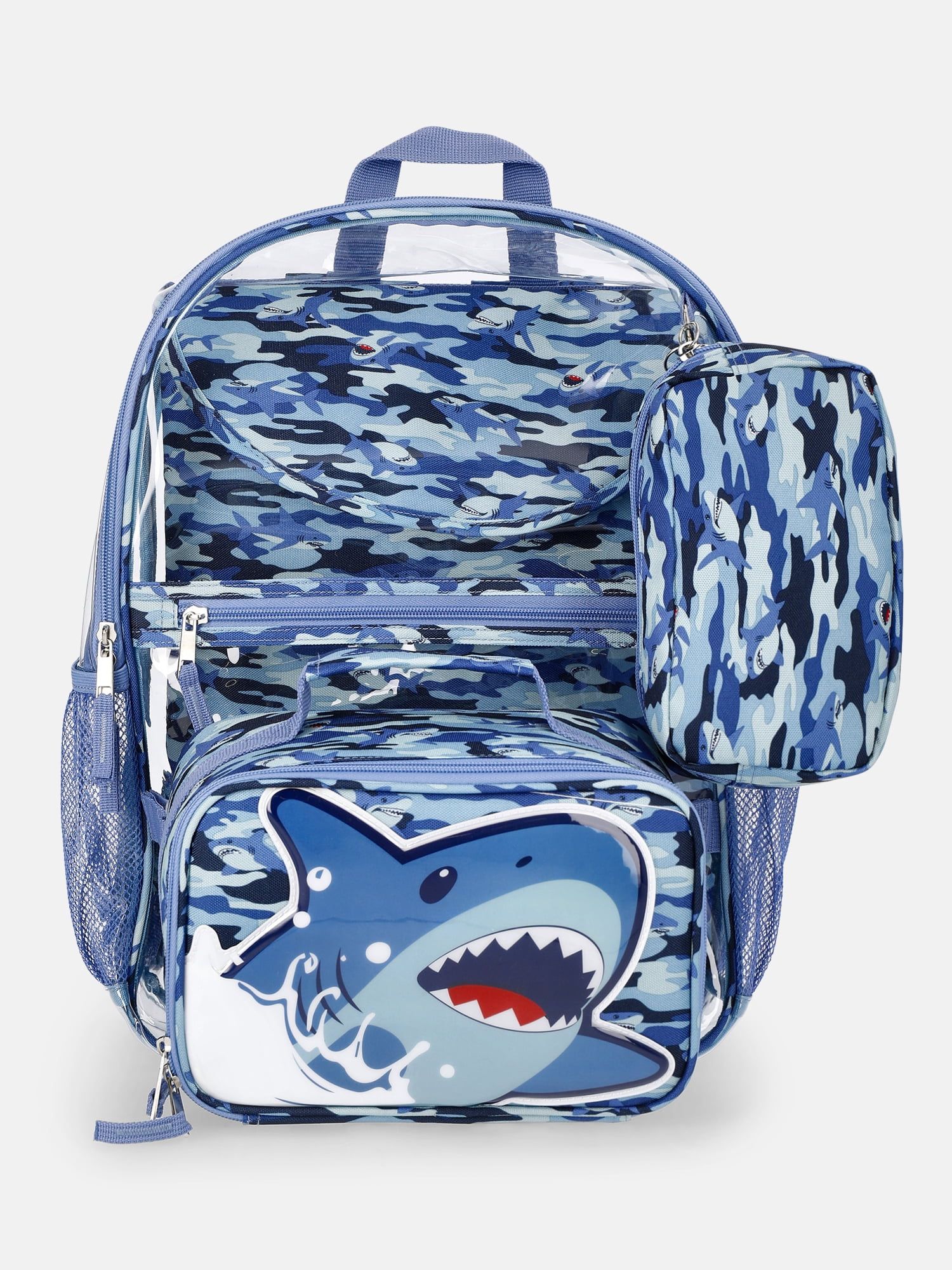 Wonder Nation Kids' Clear Shark Camo 17" Backpack, Lunch Tote, Laptop Sleeve and Pouch Set, 4-Piece