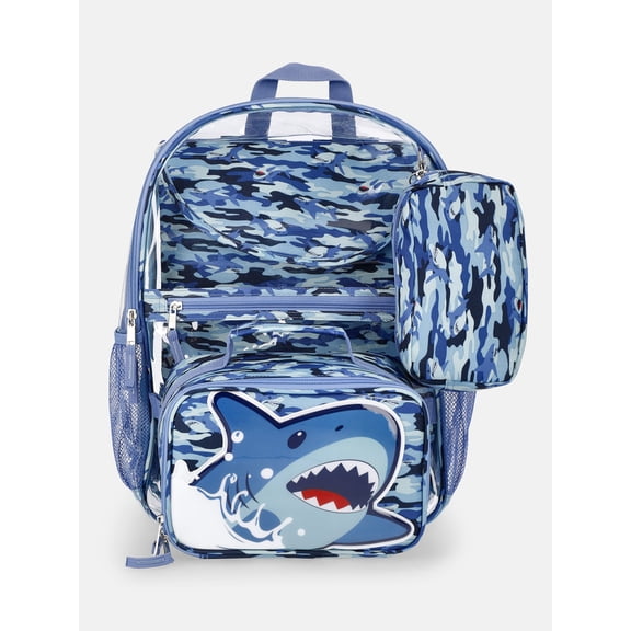 Wonder Nation Kids' Clear Shark Camo 17" Backpack, Lunch Tote, Laptop Sleeve and Pouch Set, 4-Piece