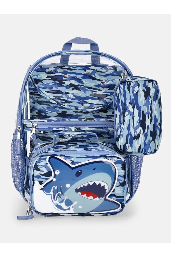 Kids' Clear Shark Camo 17" Backpack, Lunch Tote, Laptop Sleeve and Pouch Set, 4-Piece