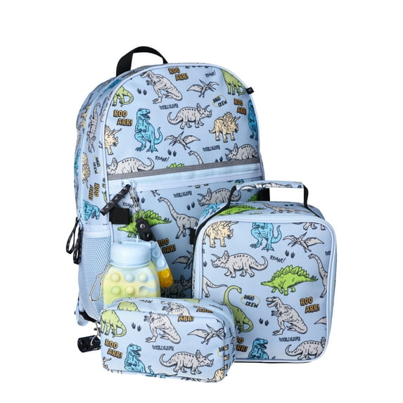 Wonder Nation Boys 17" Shark Laptop Backpack and Lunch Bag 5-Piece Set, Dino Sketch, Blue Frost
