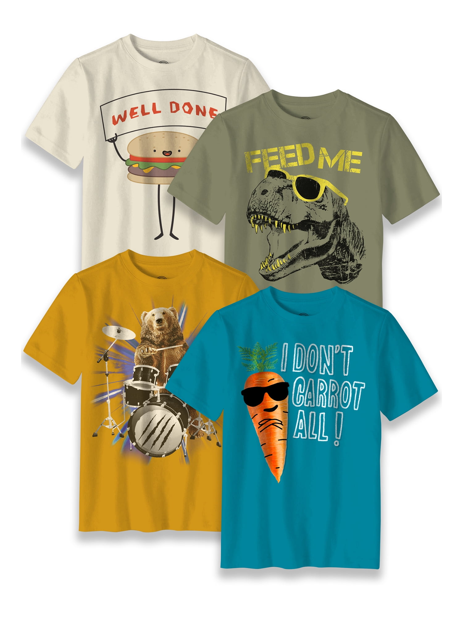 Wonder Nation Bear 4-Pack, Dino T-Shirts, Carrot Burger 10-18 Graphic Boys & Sizes Husky 4-18