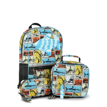 Wonder Nation Boys Colorblock Sharks 17" Laptop Backpack and Lunch Bag Set, 4-Piece, Black/Multi