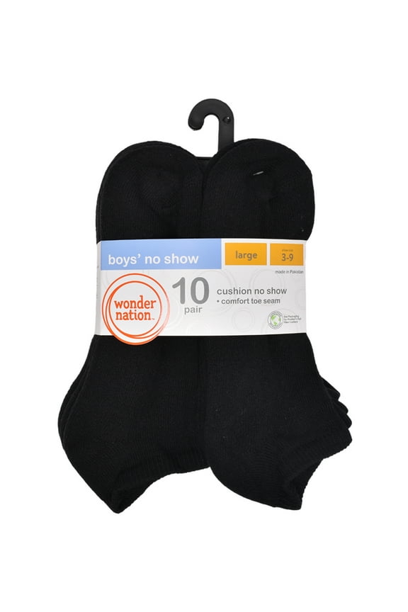 Boys Cushioned No Show Socks, 10 Pack, Sizes S (4-8.5) - L (3-9)