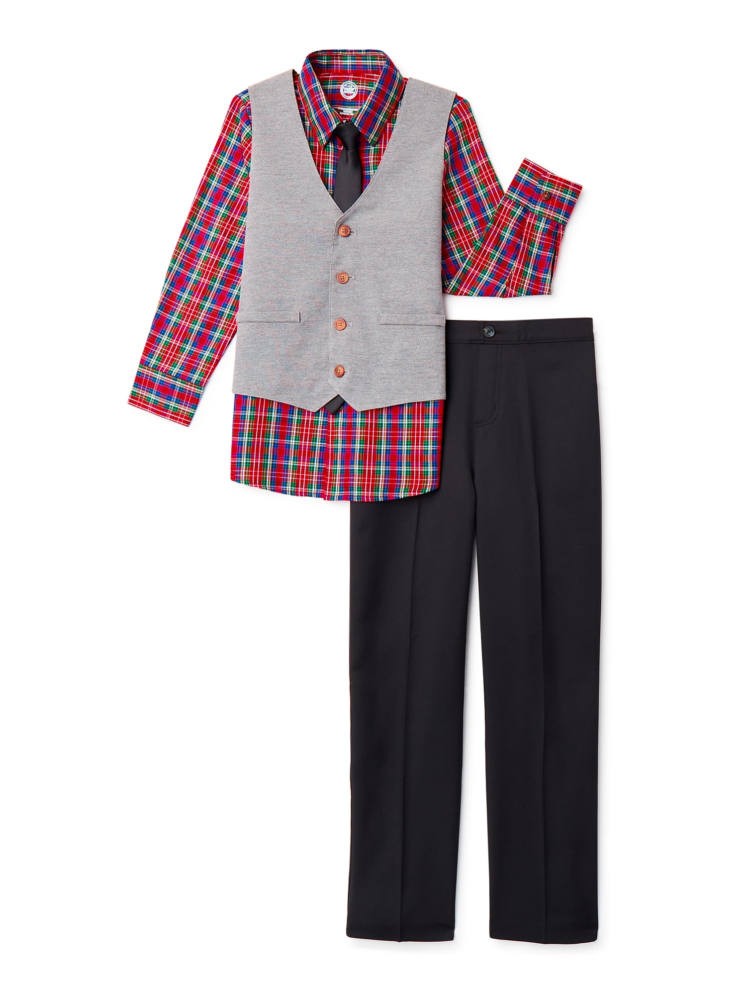 Wonder Nation Boys Dress Shirt, Vest, Tie & Pant Suit Set, 4Piece
