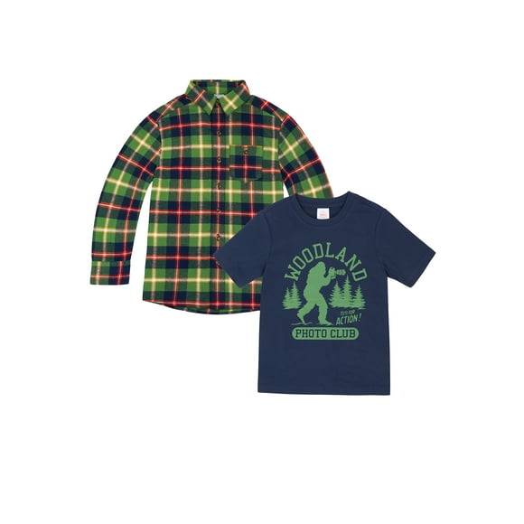 Wonder Nation Boys Flannel Shirt and Graphic Tee Set, 2-Piece, Sizes 4-18 & Husky