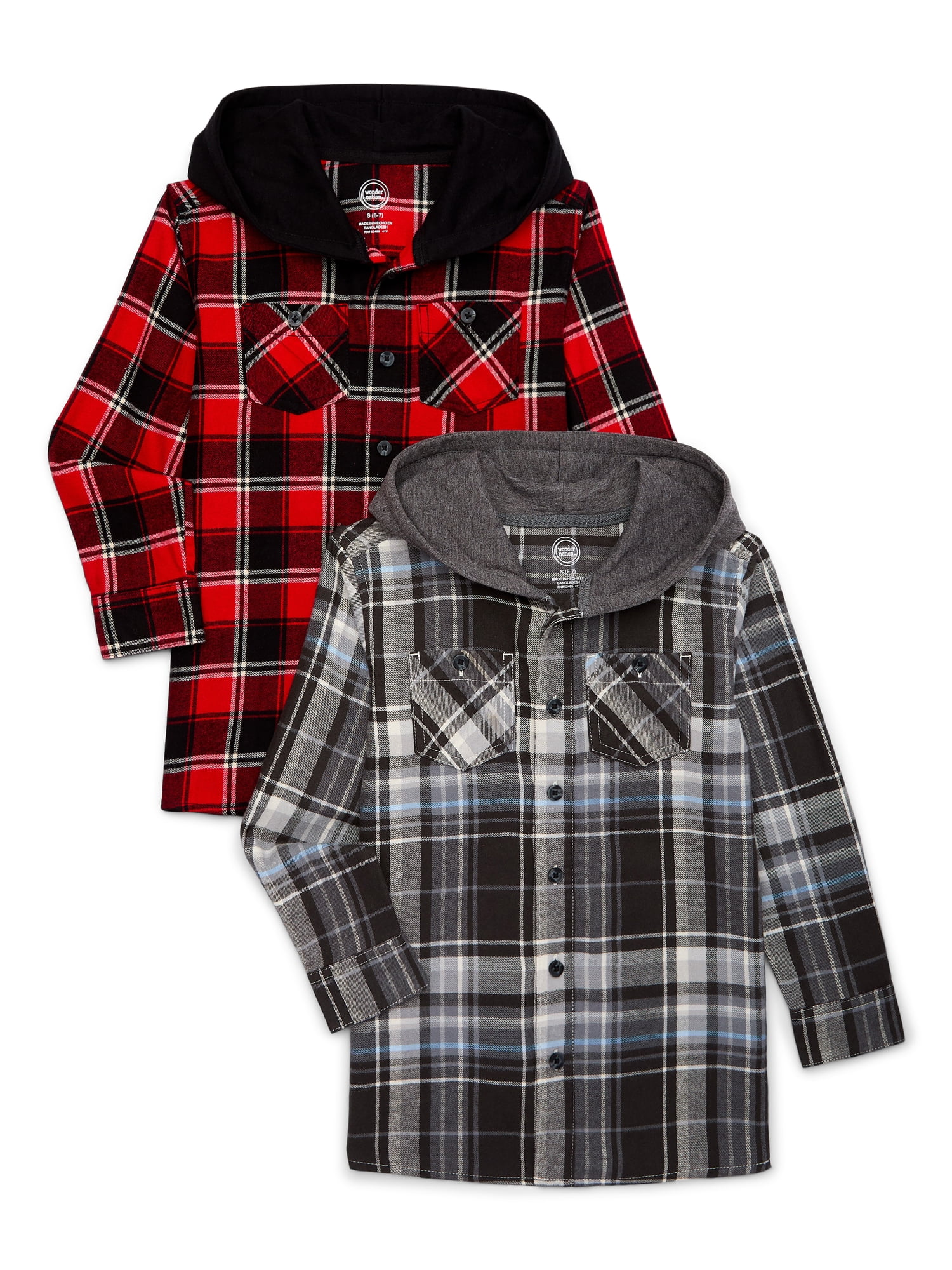 Wonder Nation Boys Hooded Flannel Shirt 2 Pack Sizes 4 18
