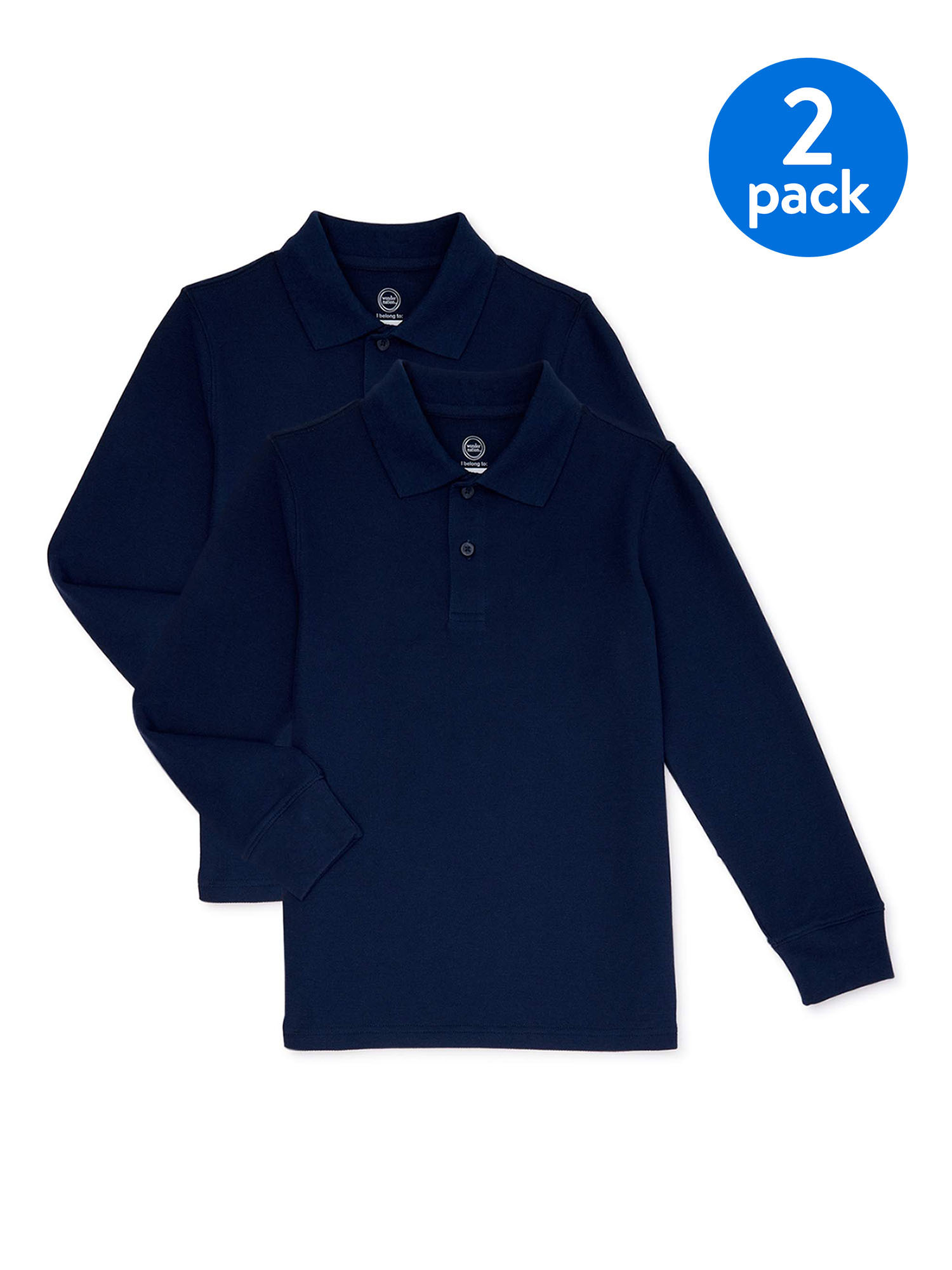 Wonder Nation Boys Husky School Uniform Long Sleeve Pique Polo Shirt, 2-Pack Value Bundle, Sizes 8-18 - image 1 of 3