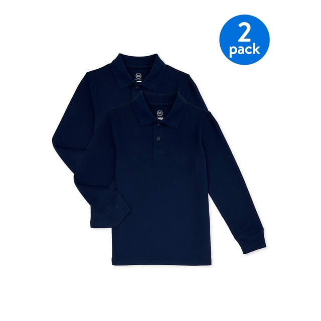 Wonder Nation Boys Husky School Uniform Long Sleeve Pique Polo Shirt, 2-Pack Value Bundle, Sizes 8-18