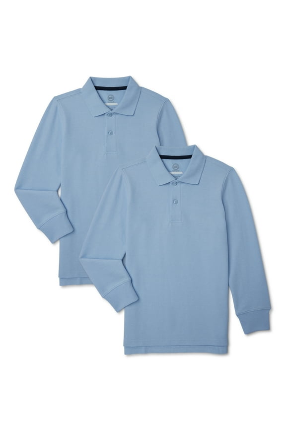 Boys School Uniform Long Sleeve Pique Polo Shirt, 2-Pack, Sizes 4-18 & Husky