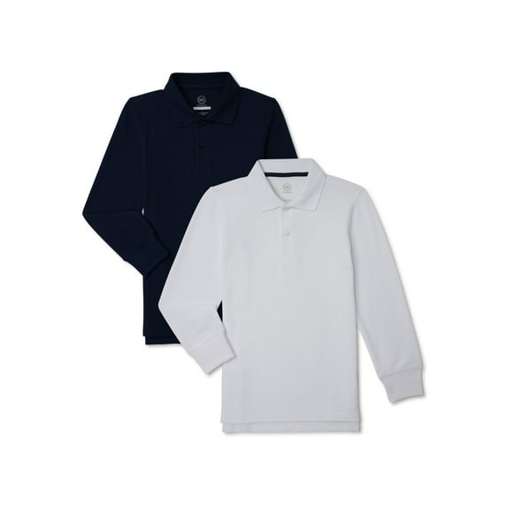 Wonder Nation Boys School Uniform Long Sleeve Pique Polo Shirt, 2-Pack, Sizes 4-18 & Husky