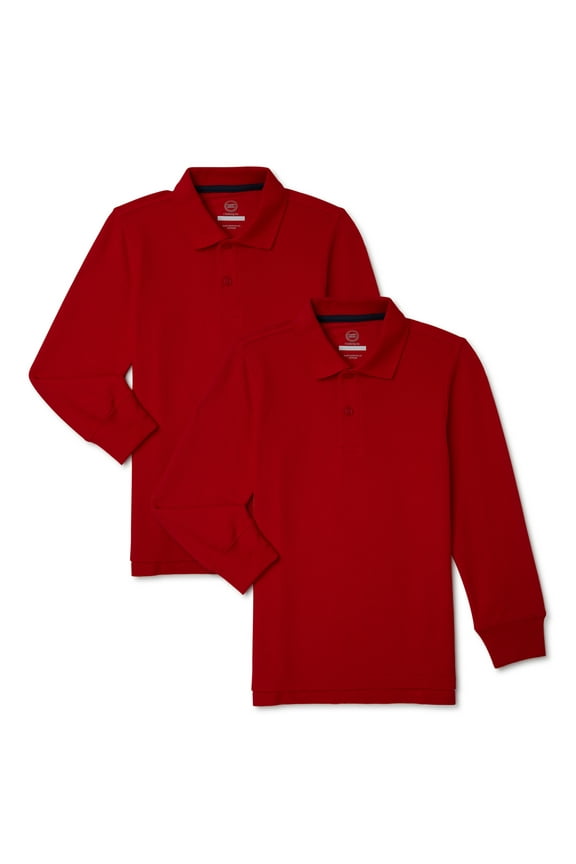 Boys School Uniform Long Sleeve Pique Polo Shirt, 2-Pack, Sizes 4-18 & Husky