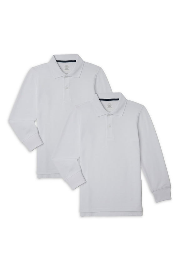 Boys School Uniform Long Sleeve Pique Polo Shirt, 2-Pack, Sizes 4-18 & Husky