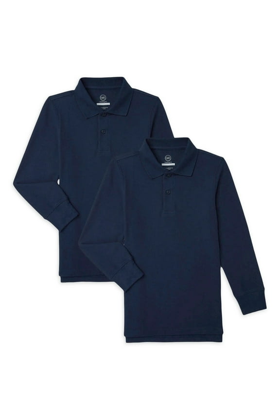 Boys School Uniform Long Sleeve Pique Polo Shirt, 2-Pack, Sizes 4-18 & Husky