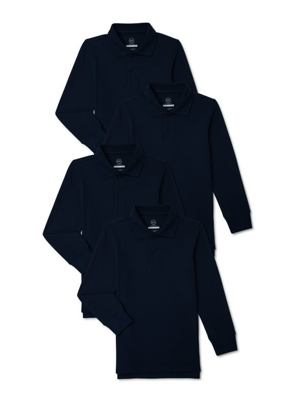 Boys School Uniform Long Sleeve Pique Polo Shirt, 4-Pack, Sizes 4-18