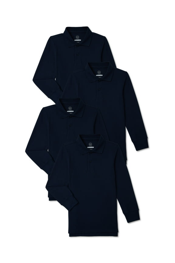 Boys School Uniform Long Sleeve Pique Polo Shirt, 4-Pack, Sizes 4-18