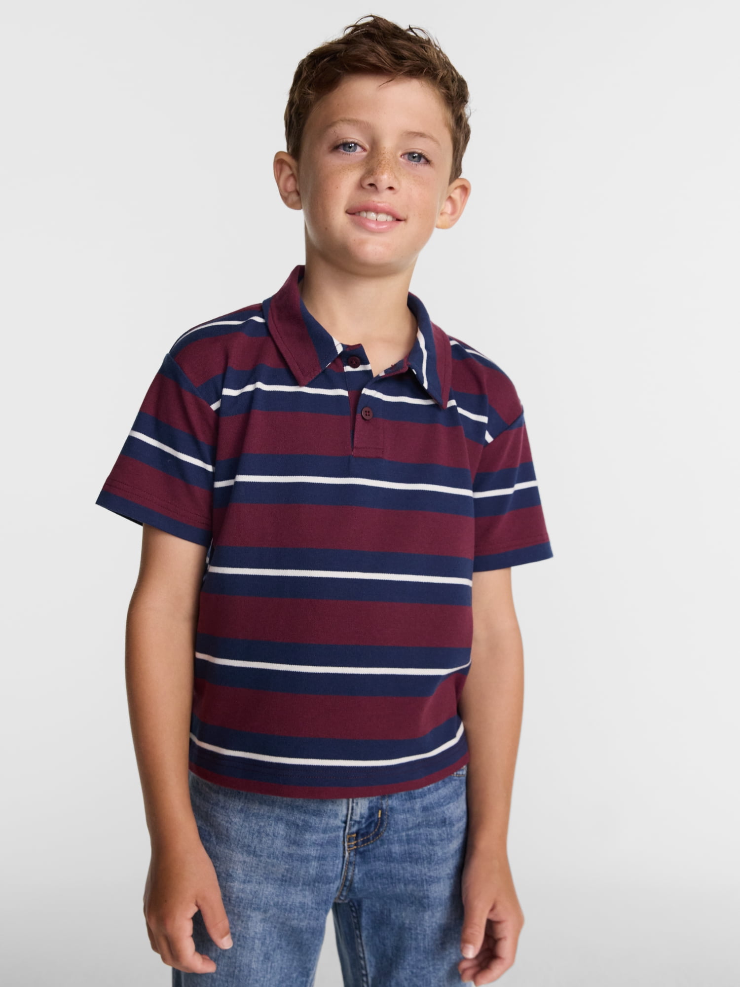 Boys' Stripe Pique Knit Polo Shirt with Short Sleeves, Sizes 4-18