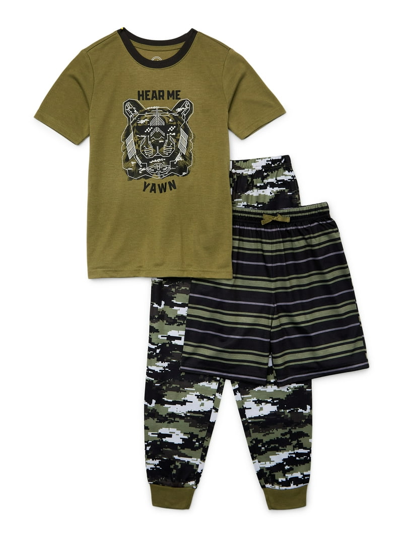 Wonder Nation Boys Short Sleeve Tee and Pants Pajama Set, 3-Piece