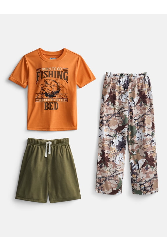 Boys Short Sleeve Top, Shorts and Pants Transitional Sleep Set, 3-Piece, Sizes 4-18