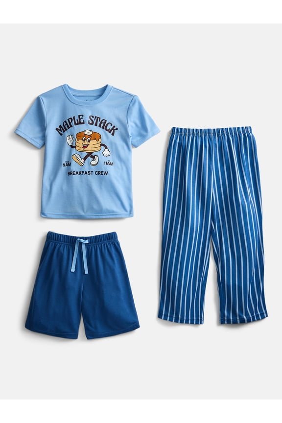 Boys Short Sleeve Top, Shorts and Pants Transitional Sleep Set, 3-Piece, Sizes 4-18