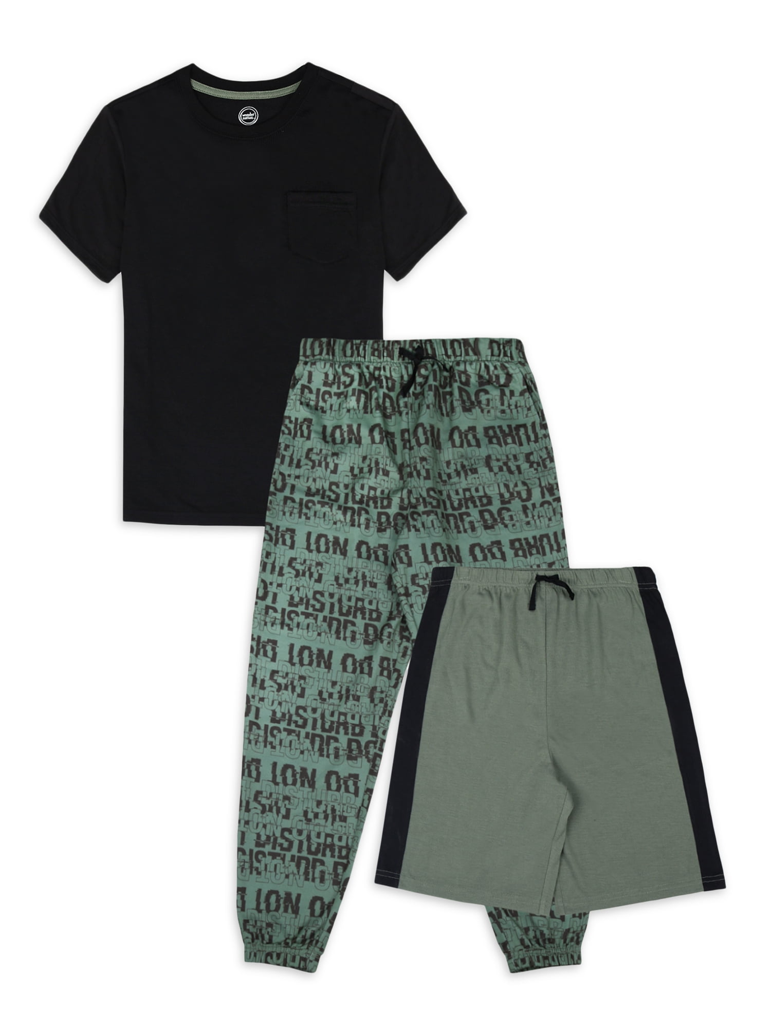 Wonder Nation Boys Short Sleeve Top, Shorts, and Jogger Pants 3-Piece Sleep Pajama Set, Sizes 4-16 Husky