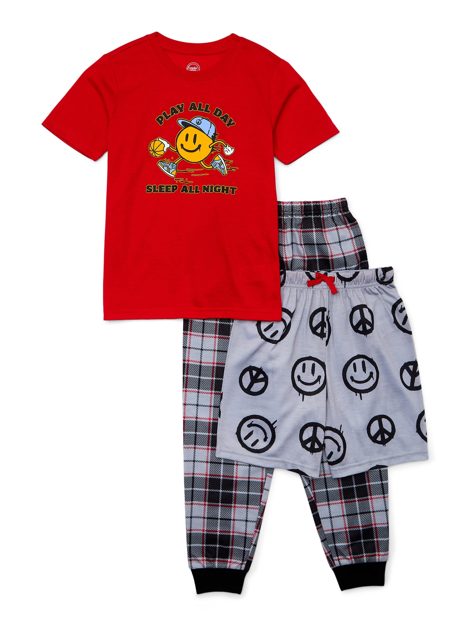 Wonder Nation Boys Short Sleeve Tee and Pants Pajama Set, 3-Piece