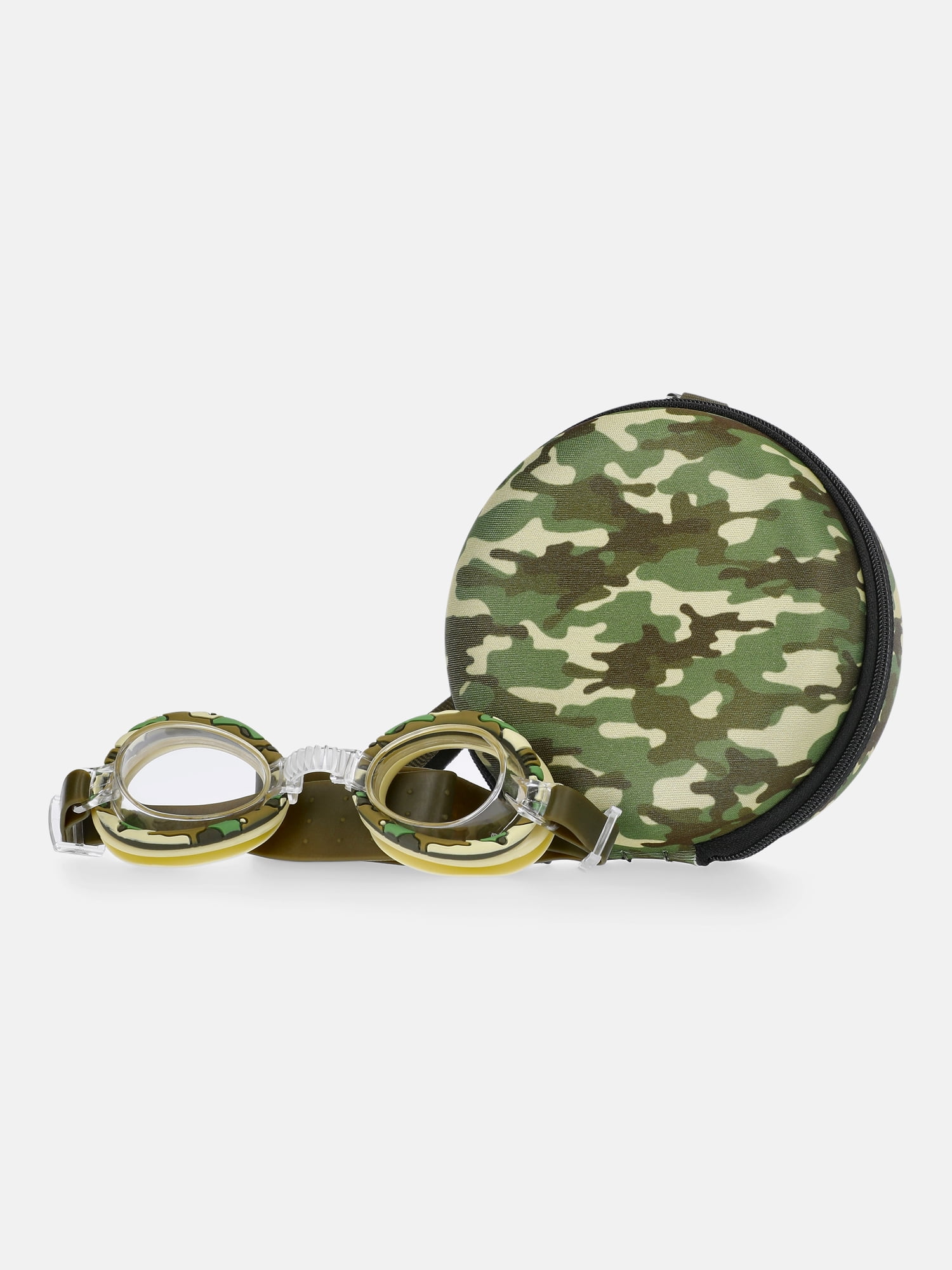 Wonder Nation Boys Swim Goggles with Camo print Round Zip Carrying Case, 2-Piece