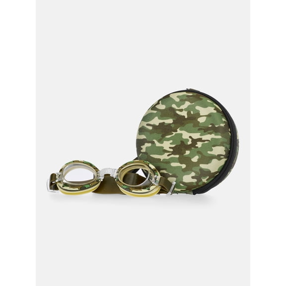 Wonder Nation Boys Swim Goggles with Camo print Round Zip Carrying Case, 2-Piece