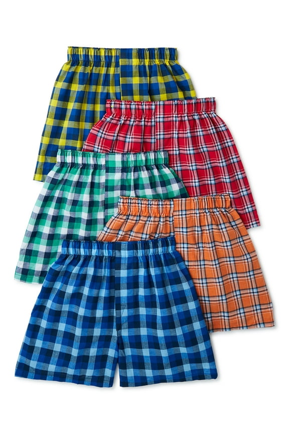 Boys Plaid Woven Boxers, 5-Pack, Sizes S-XL
