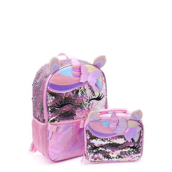 Wonder Nation Butterfly Girl Unicorn Girls 17" Laptop Backpack with Lunch Bag 2-Piece Set, Pink