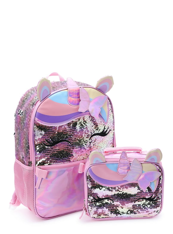 Wonder Nation Butterfly Girl Unicorn Girls 17" Laptop Backpack with Lunch Bag 2-Piece Set Pink