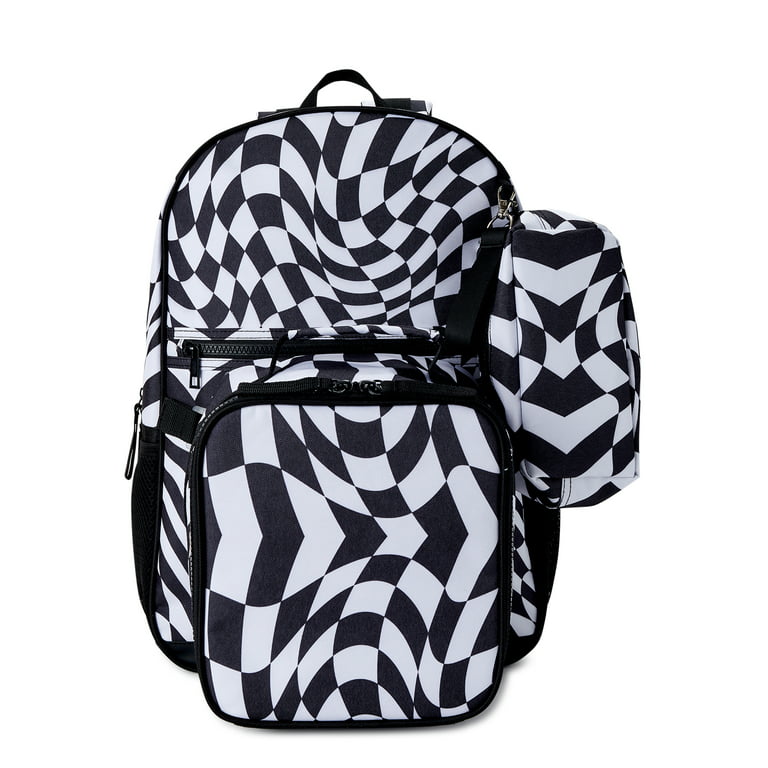 Wonder Nation Children's Backpack with Lunch Box and Pencil Case 3-Piece  Set Black and White Twisted Check